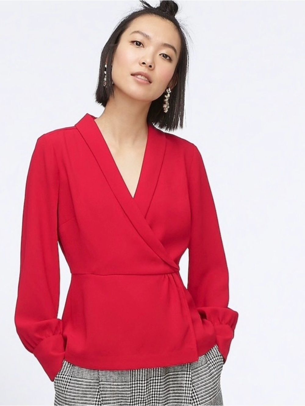 J Crew Red Faux Wrap-Style Blouse